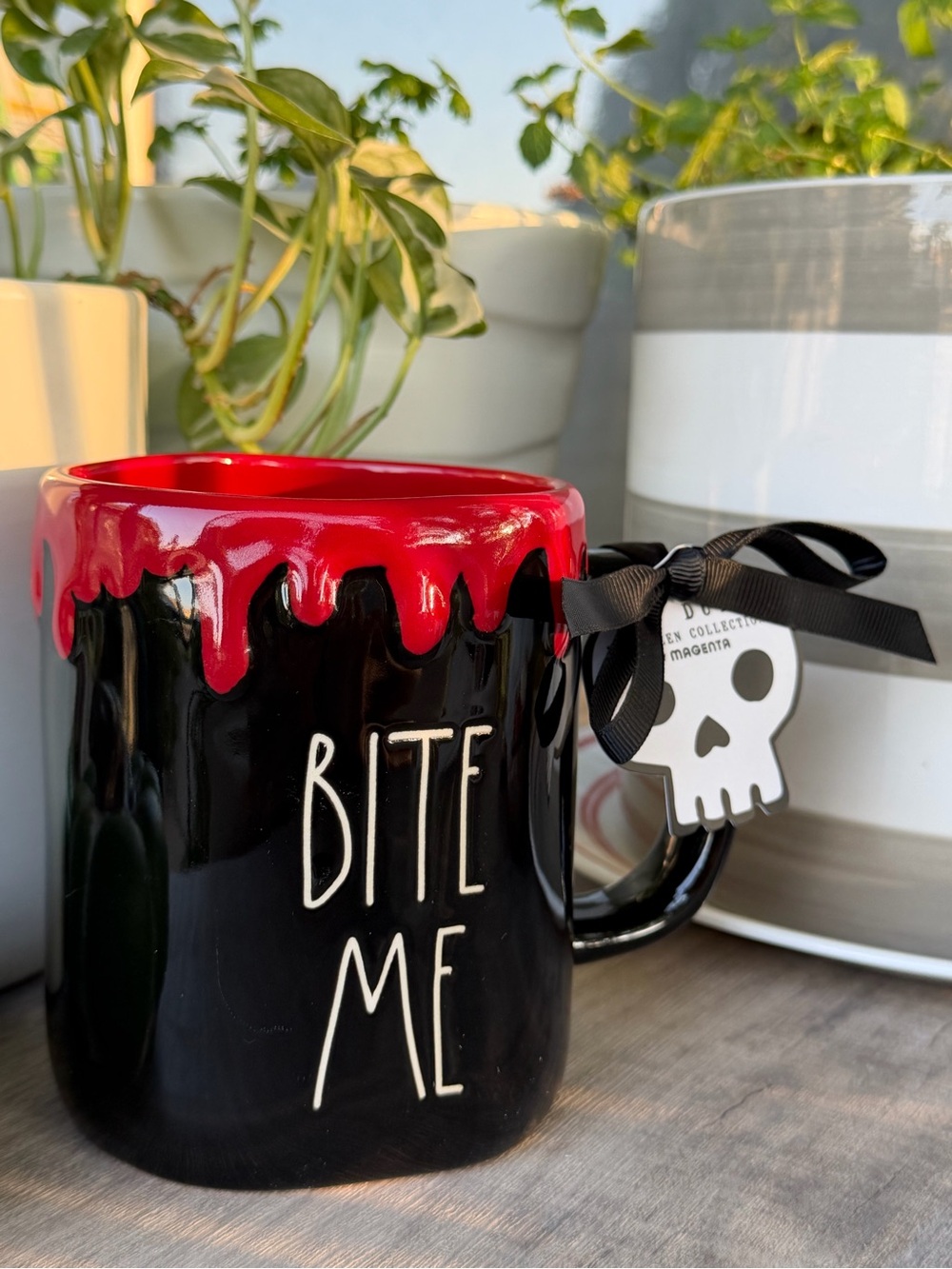 Rae Dunn Black Ceramic Mug with Red Drip Rim - "Bite Me"